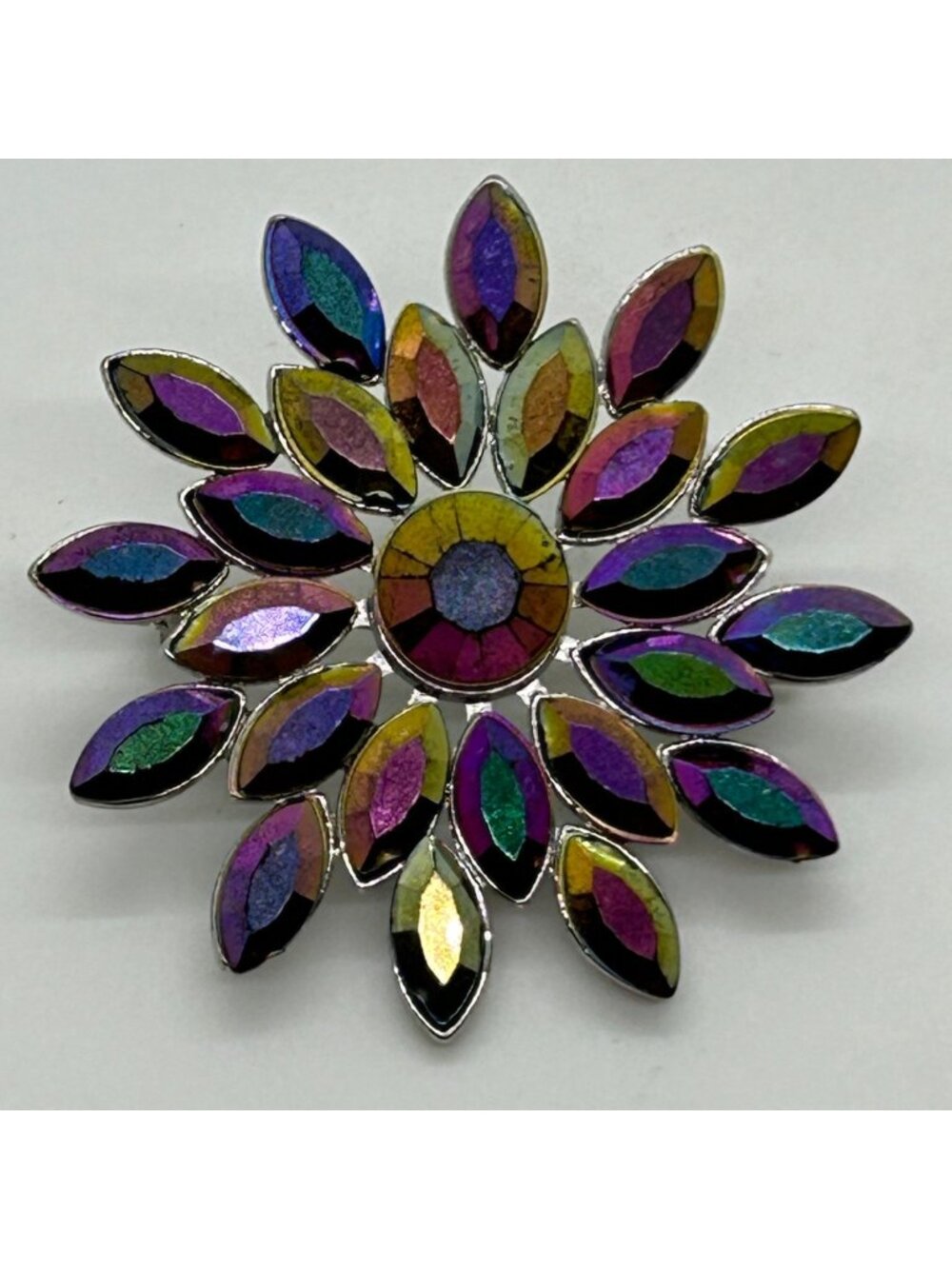 Vintage Aurora Borealis Rhinestone Starburst Brooch Iridescent Oil Slick Finish